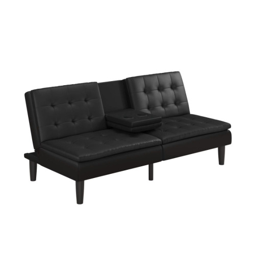 Mainstays Memory Foam PillowTop Futon with Cupholder, Black Faux Leather, New Open Box $399