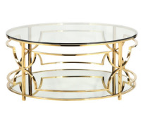 Pangea Home Edward Metal Round Coffee Table with Glass in Polished Gold (2 Boxes), New In Box $1299.99