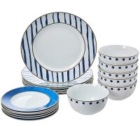 Amazon Basics 18-Piece Kitchen Dinnerware Set, Plates, Dishes, Bowls, Service for 6, Blue Accent New In Box $159.99