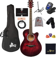 WINZZ HAND RUBBED Series - 40 Inches Cutaway Acoustic Acustica Guitar Beginner Starter Bundle with Online Lessons, Padded Bag, Stand, Tuner, Pickup, Strap, Picks, Burgundy, New in Box $299