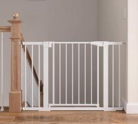 Mumeasy Baby Gate for Stairs, 29.6"-46" Pressure Mounted Gate with Walk Through Door for House, Stairs, Doorways / Regalo Easy Fit Plastic Adjustable Extra Wide Baby Gate Expands to stairways and openings between 28-42 inches wide. Stands 23 inches tall A