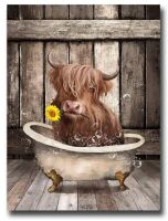 Fwifjods Highland Cow Sunflower Canvas Wall Art Interesting Animals Bathing in Bathtub Modern Oil Painting Suitable for Bathroom Living Room Bedroom Home, size 16 inches high x 24 inches wide New In Box $79