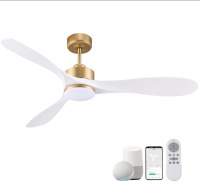 Cumilo 52” Smart Gold White Ceiling Fan with Lights and Remote, Quiet DC Motor, High CFM, Control with WIFI Alexa APP, Modern Indoor outdoor Ceiling Fan with Dimmable LED Light for Bedroom Patio Porch New In Box $299