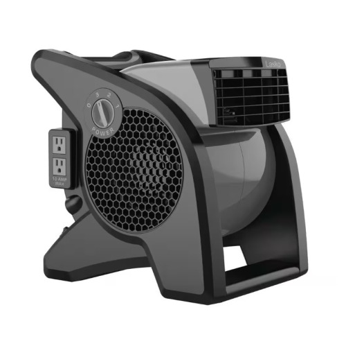 Lasko 11.2 in. 3 Speeds Blower Fan in Gray with Carry Handle, Circuit Breaker, Power Outlets, High Velocity Utility Pivoting On Working $199