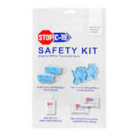 Gredale Stop C-19 Safety Kit Contains: Four 3-Ply disposable face masks, Two pairs of nitrile gloves, Two packets of alcohol disinfecting wipes, One bottle of 2oz hand sanitizer gel New