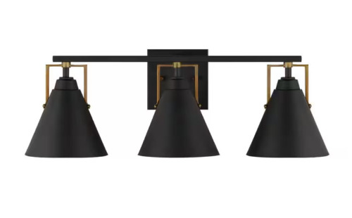 Home Decorators Collection Insdale 3-Light Matte Black Modern Bathroom Vanity Light with Satin Brass Accents New In Box $219.99