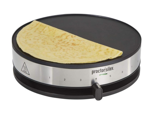 Proctor Silex Electric Crepe Maker with 13” Nonstick Griddle for Eggs, Pancakes, Omelets and Quesadillas, with Temperature Control, Spatula, Spreader, Batter Cup, Stainless Steel (38400PS) On Working $119.99