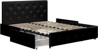 DHP Dakota Upholstered Platform Bed with Underbed Storage Drawers and Diamond Button Tufted Headboard and Footboard, No Box Spring Needed, Queen, Black Faux Leather, New Open Box $599