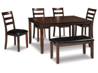 Coviar Dining Table and 4 Chairs and Bench Set in Dark Brown $699.99