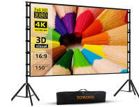 Towond Projector Screen and Stand, 150 inch Indoor Outdoor Projection Screen, Portable 16:9 4K HD Rear Front Movie Screen with Carry Bag Wrinkle-Free Design for Home Theater Backyard Cinema New Shelf Pull $219.99