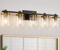 Jenlacy 5 Light Bathroom Vanity Light Fixture, Modern Black and Gold Vanity Lights Over Mirror, Vintage Sconce Wall Lighting with Clear Glass Shade, Brushed Gold Vanity Lights for Bathroom New In Box $219.99