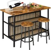 Hooseng Kitchen Island Faux Marble Counter 33" Height 3 Pieces Table Set, Rustic Brown, New Open Box $299