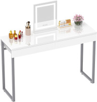 GreenForest Vanity Desk with 2 Drawers Glossy White 39" Modern Home Office Computer Desk Makeup Dressing Console Table with Metal Silver Legs for Small Spaces, Silver, New in Box $299