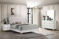 COASTER Kendall 4PC Tufted Panel Queen Bedroom Set in White and Gold (4 Boxes) NEw in Box $1999 Includes Queen Bed, Dresser, Mirror and Nightstand