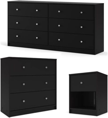 Tvilum Portland 6 Drawer Dresser, 3 Drawer Chest and One Drawer Nightstand 3 Piece Set In Black (3 Boxes) $499