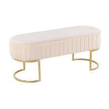 Lumisource Demi Bench in Pleated Cream Velvet & Gold Steel New in Box $399