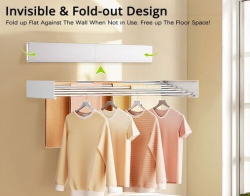 Vasunray Wall Mounted Clothes Drying Rack Folding Indoor, Foldable Laundry Drying Rack Collapsible, Invisible, Space Saving, Retractable Towel Drying Rack, with Wall Template (6 Drying Rods, White 40") New In Box $89