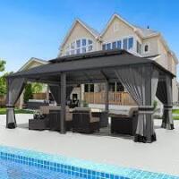 Halmuz 12 ft. x 20 ft. Gray Metal Hardtop Gazebo with Double Roof Pergola, Netting and Curtain Gray (6 Boxes) New in Box $2999