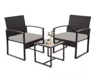 JUSKYS 3 Pieces Black Wicker Outdoor Patio Conversation Set with Gray Cushions and Coffee Table New In Box $299