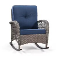 Sunsitt Brown Wicker Outdoor Rocking Chair Patio with Blue Cushions, New in Box $399