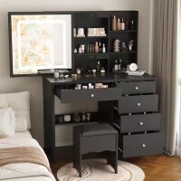 FUFU&GAGA 5-Drawers Black Wood LED Push-Pull Mirror Dresser with Stool and 3-Tier Storage Shelves 39.4 in. W, New in Box $399