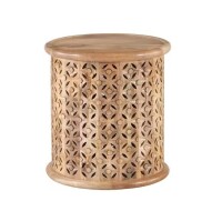 Powell Company Elia 17 in. Natural 18 in. H Round Hand-Carved Mango Wood End Table New In Box $299