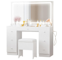 IRONCK Vanity Desk with LED Lighted Mirror & Power Outlet, 7 Drawers Makeup Vanity With Stool New In Box $699