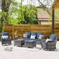 XIZZI Moonlight Gray 6-Piece Wicker Patio Conversation Seating Sofa Set with Denim Blue Cushions and Swivel Rocking Chairs (3 Boxes) New in Box $1699