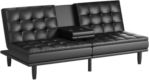 Mainstays Upholstered in Faux Leather Mainstays Memory Foam Pillowtop Futon with Cupholders, New Open Box $499