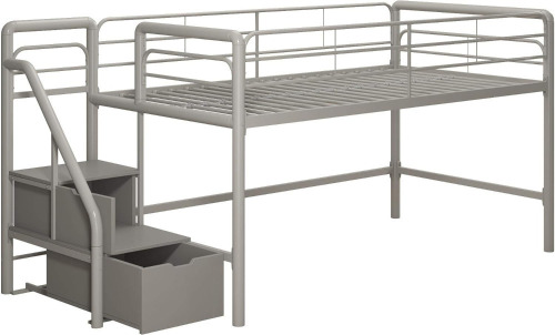 DHP Junior Twin Metal Loft Bed with Storage Steps, Multifunctional Space-Saving Solution - Silver with Gray Steps, New Shelf Pull $399