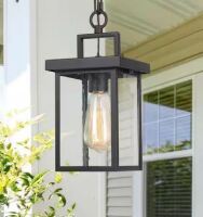 LNC 1-Light Black Square Outdoor Pendant Light for Patio Modern Outdoor Hanging Light with Seeded Glass Shade New In Box $229