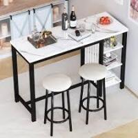 AWQM Home Bar Table Set, 47" White Faux Marble Dining Set with Storage 
Shelves and Upholstered Leather Bar Height Stools, 3-Piece Kitchen Table
for 2 People, Space Saving Table (White & Black), New Open Box $299