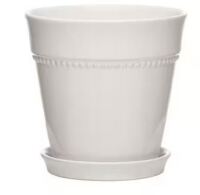 Vigoro 7.9 in. Ravanaey Small Glossy White Ceramic Planter (7.9 in. D x 7.9 in. H) With Drainage Hole and attached saucer New $79