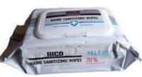 Rico Hand Sanitizing Wipes, 70% Alcohol, 6" x 8", White; 80 Wipes Per Pack New