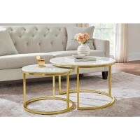 Home Decorators Collection Cheval 2-Piece 31 in. Gold/Marble Medium Round Marble Coffee Table Set, New in Box $499