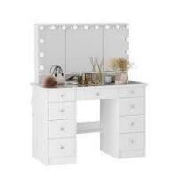 Fufu & Gaga White Makeup Vanity Desk 9 Drawers Wood Dressing Table With 3 LED Bulb Light Mirrors, Glass Top, Hidden Storage Shelves New in Biox $599