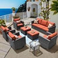 XIZZI Megon Holly Gray 7-Piece Wicker Patio Conversation Seating Sofa Set with Red Cushions and Swivel Rocking Chairs New In Box $1999