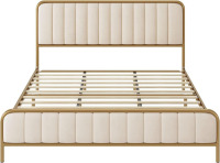 HITHOS Full Size Bed Frame with Button Tufted Headboard, Upholstered Heavy Duty Metal Mattress Foundation with Wooden Slats, Easy Assembly, No Box Spring Needed (Golden/Off White, Full), New in Box $299