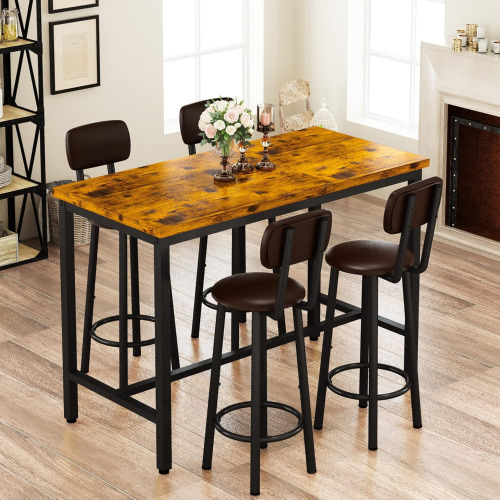 AWQM Bar Table and 4 Chairs Set Industrial Counter Height Pub Table with Bar 5 Pieces Dining Set Home Kitchen Breakfast, PU Upholstered Stools with Backrest, Rustic Brown, New in Box $299