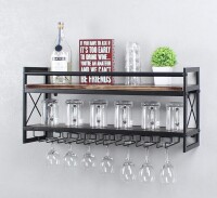 MBQQ Wine Rack Stemware Glass Rack, Industrial 2-Tier Wood Shelf, 30" Wall Mounted Wine Racks with 7 Glass Holder for Wine Glasses, Mugs, Home Decor, Retro Black Similar to Picture New In Box $139