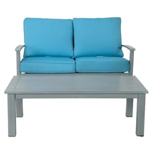 COSCO Outdoor Living 2 Piece Blue Veil Hand Painted Aluminum Patio Loveseat and Coffee Table, New in Box $399