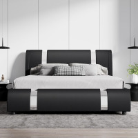 SHA CERLIN Modern Faux Leather Queen Bed Frame with Adjustable Headboard and Iron Accents, Deluxe Upholstered Platform Bed with Solid Wooden Slats Support/No Box Spring Needed, Black, New in Box $499