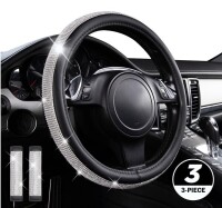 Amazon Basics 3-Piece Diamond Crystal Leather Steering Wheel Cover and 2 Seat Belt Covers, Black with Silver Diamond, Product Size 15 Inch New In Box $79