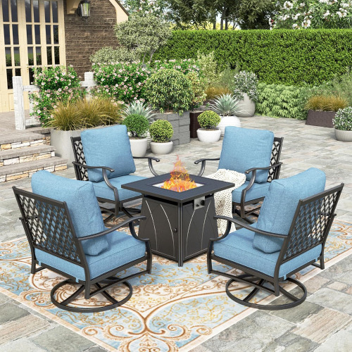 Phi Villa 5 Piece Fire Pit Set with Swivel Chairs and Blue Cushions (4 Boxes) New In Box $1099