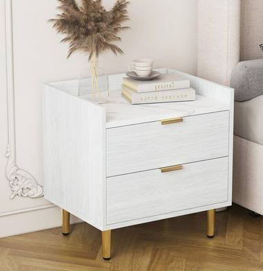 Harper & Bright Designs White Modern Nightstand with 2-Drawers and Marbling Worktop, Metal Legs and Handles $299