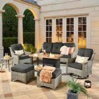 XIZZI Artemis Gray 9-Piece Wicker Patio Rectangular Fire Pit Set with Dark Gray Cushions and Swivel Rocking Chairs (5 Boxes) New in Box $1599