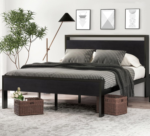 SHA CERLIN 14 Inch Queen Size Metal Platform Bed Frame with Wooden Headboard and Footboard, Mattress Foundation, No Box Spring Needed, Large Under Bed Storage, Non-Slip, Black Oak New In Box $399