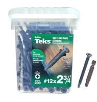 Teks Self-Tapping Screw With Wings, Phillips Flat Head, Steel, #12 x 2-3/4-In., 200-Pk. / Tapcon 3/16 In X 1-3/4 In Hex-Washer-Head Concrete Anchors 75 Count / Assorted New Shelf Pull $79