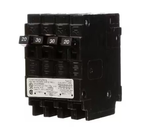 Siemens Triplex 2-Outer 20 Amp Single-Pole and 1-Inner 30 Amp Double-Pole Circuit Breaker / Federal Pacific UBIF0220N Circuit Breaker, Type NC, 20 A, 2 -Pole, 120/240 V, Standard Trip, Plug Mounting / Assorted $99