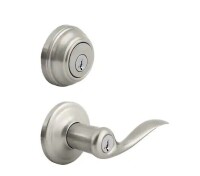 Kwikset Tustin Satin Nickel Exterior Entry Door Handle and Single Cylinder Deadbolt Combo Pack Featuring SmartKey Security New Shelf Pull $119